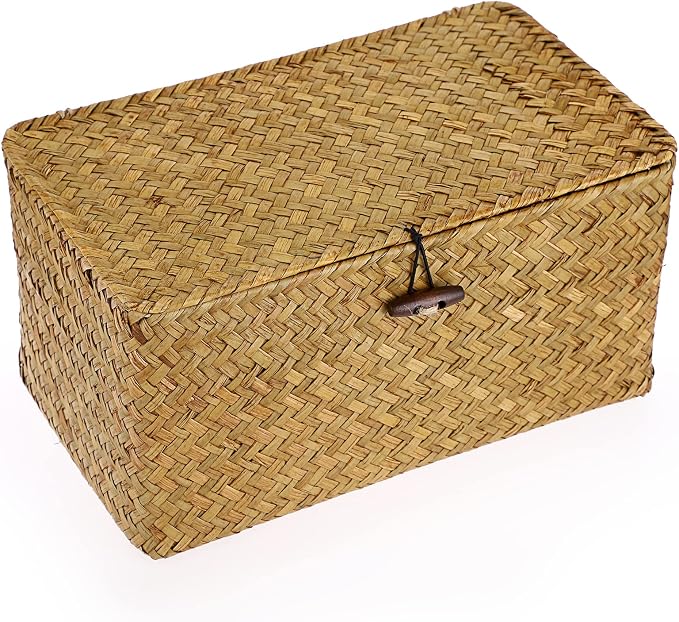 Seagrass Storage Basket Bins with Lid, Handwoven Wicker Shelf Baskets Bin Rectangular Household Basket Organizer Boxes for Shelf Closet Bedroom Home Decor, Whitewash Medium