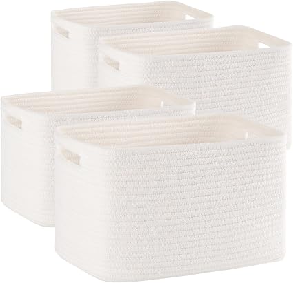 4 Pack Storage Baskets for Organizing, Woven Baskets for Shelves - Perfect for Toys, Books, Towels, and Clothes, Durable Gift Basket Bins Toy Storage, 12.7''L x9''W x7.8''H, White