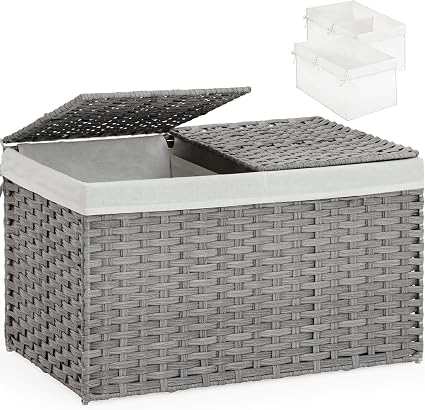 Storage Basket with Lid, PE Rattan Woven Storage Baskets with 2 Separate Lids, 17.2 Gallon (65 L), 22.2 x 13 x 13.8 Inches, 2 Removable Liner Bags Handles for Bedroom, Laundry Room Gray